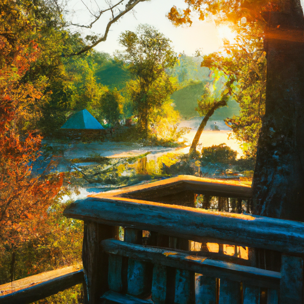 Sunrise mist over Willow Creek valley with a calm river beside a small meditation cabin