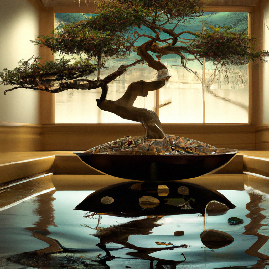 Serene meditation room with natural light, bonsai, and rippled water reflections